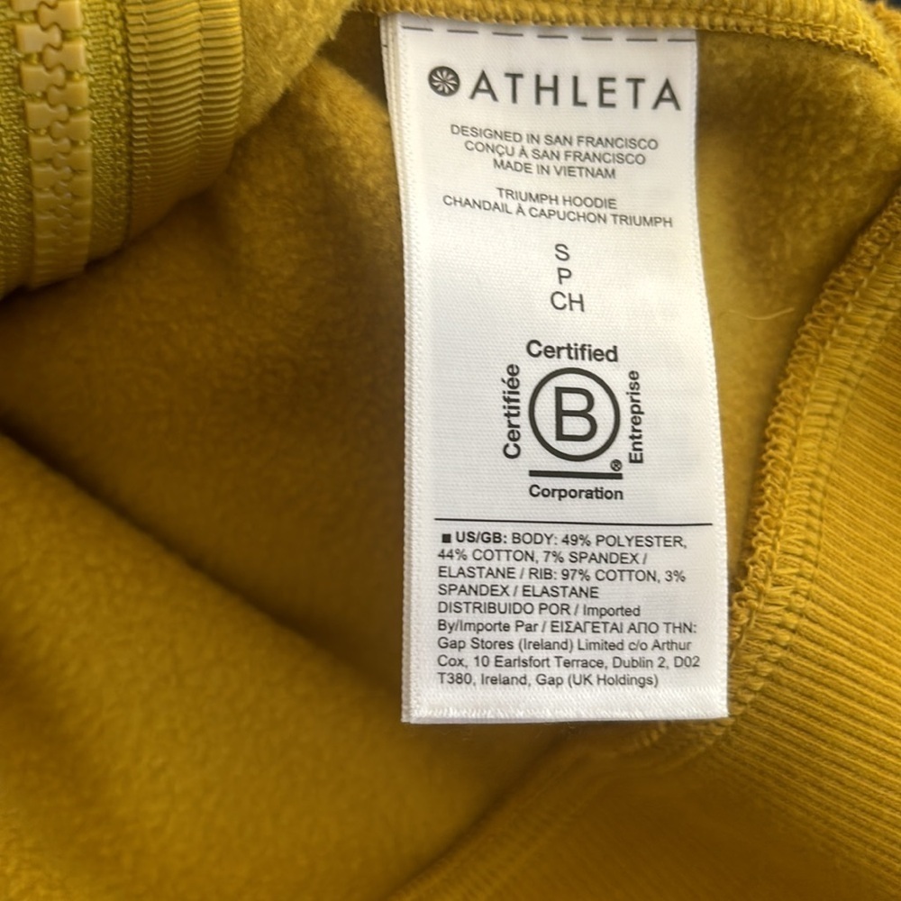 Athleta Triumph Sweatshirt Hoodie Sz S Oxidized Yellow ( Mustard) Thumb Holes - Picture 7 of 7